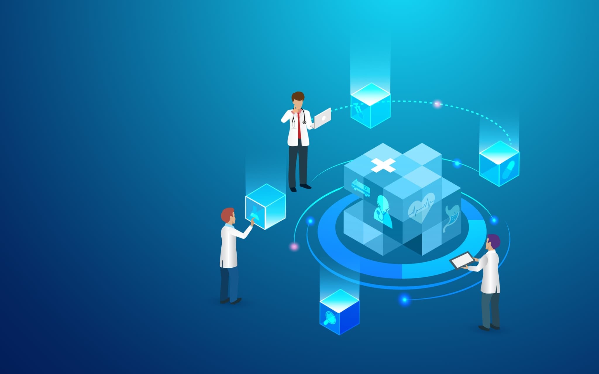 Ärzteteam mit 3D-Blockchain-Netzwerktechnologie Forschung und Diagnose von Patientenerkrankungen. Medizinische Innovationstechnologie und digitaler Gesundheitsdienst entwickeln die Patientenbehandlung und das Wohlbefinden der Menschen
